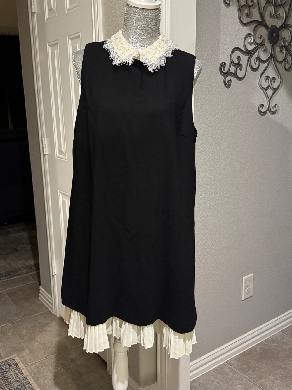 Nanette Lepore Black Shift Dress with Cream Lace Collar and Pleated Hem